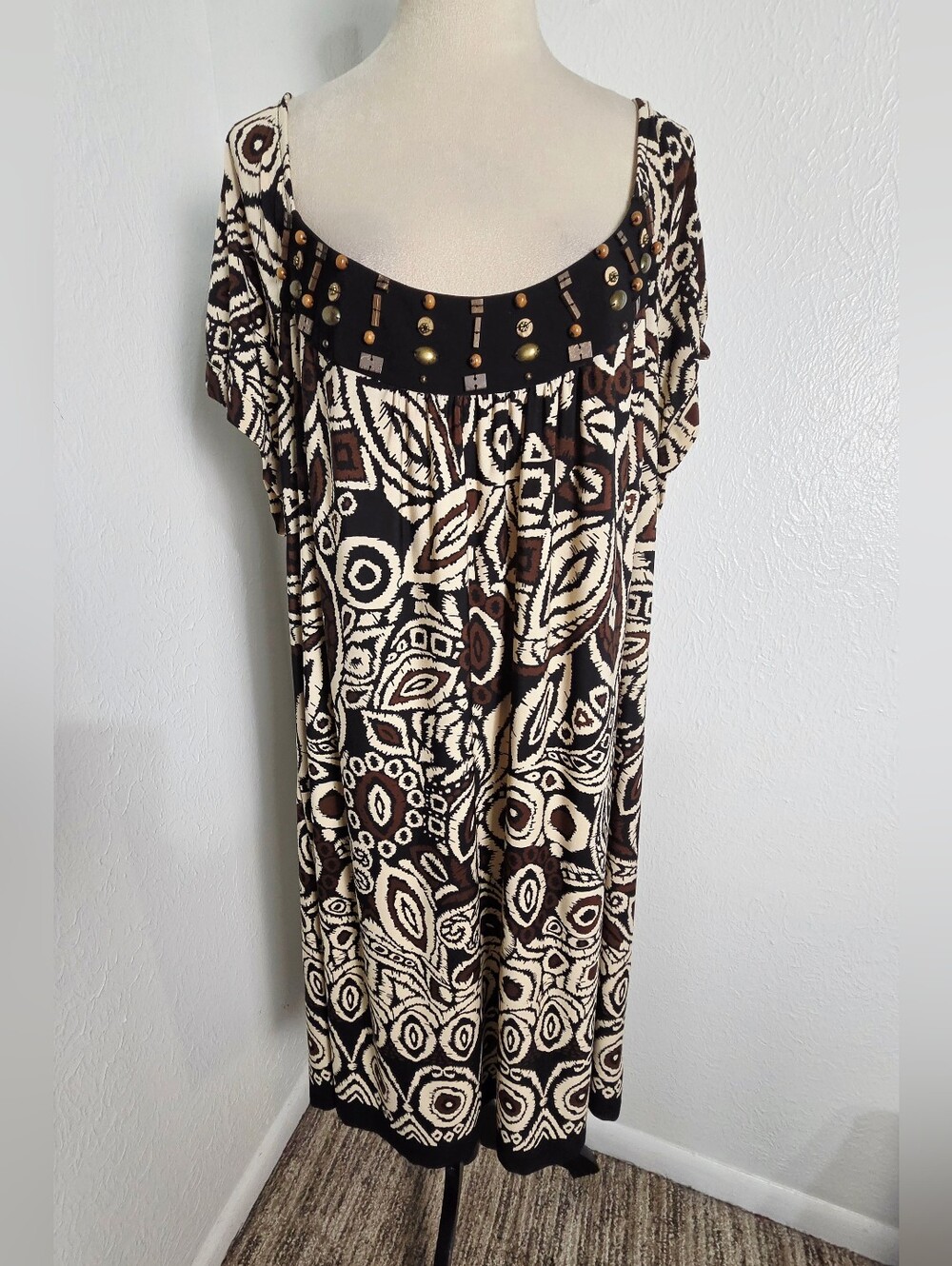Robbie Bee Black, White & Brown Patterned Midi-Dress, Studded Scoop, Size 24W - Picture 2 of 7